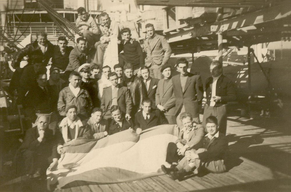 The crew of Kedmah with ZIM flag, 1947
